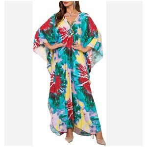 Vivid Tie Dye Kaftan Maxi Dress Flowy Boho Beach Vacation Resort Wear Coverup